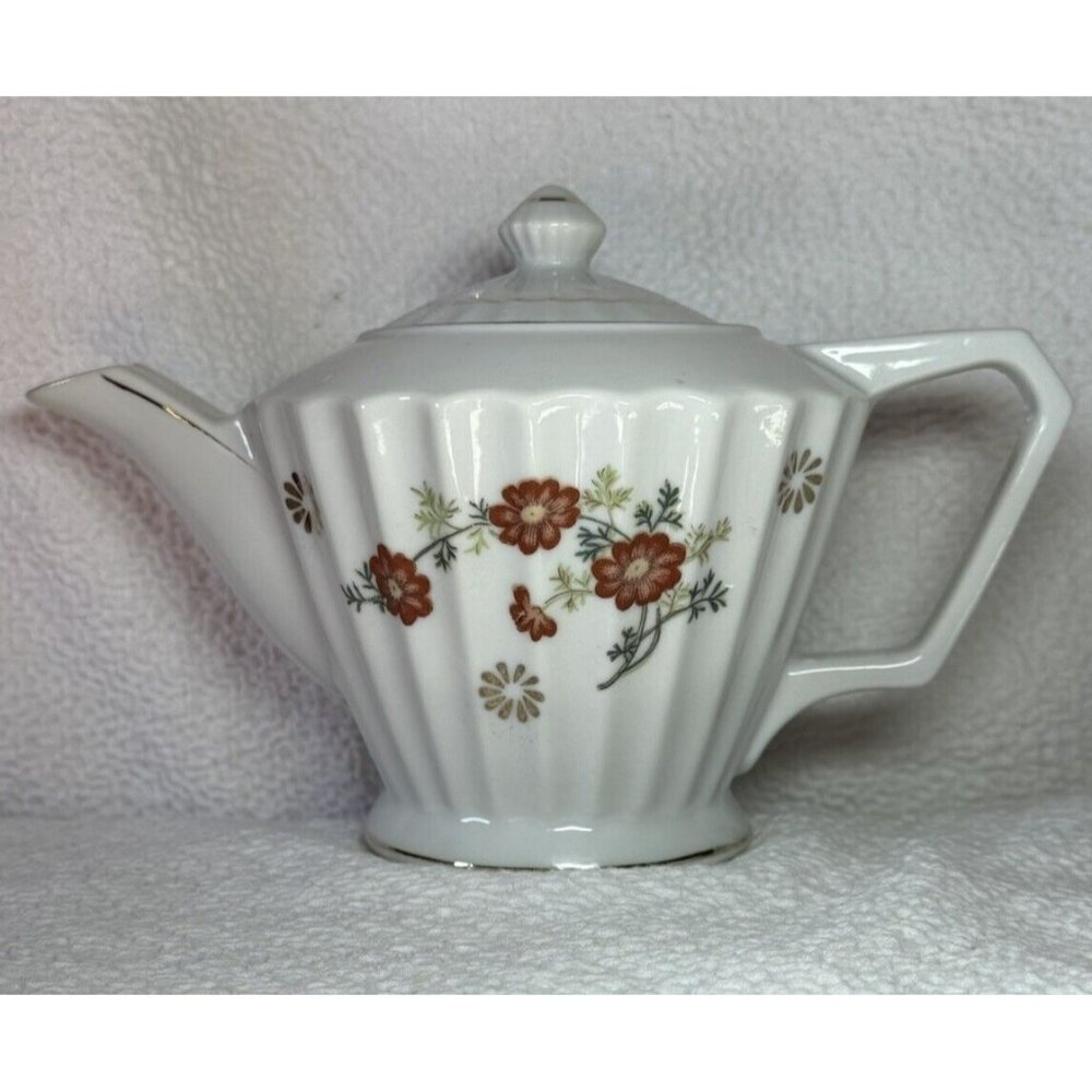 Tuscany Teapot Ribbed White With Orange & Gold Flowers Great Condition Vintage